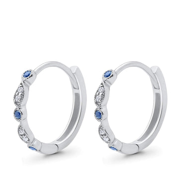 Huggie Hoop Earrings Round Simulated Blue Sapphire CZ 925 Sterling Silver